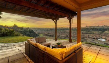 Back patio with view of canyon in Chico, CA at sunset