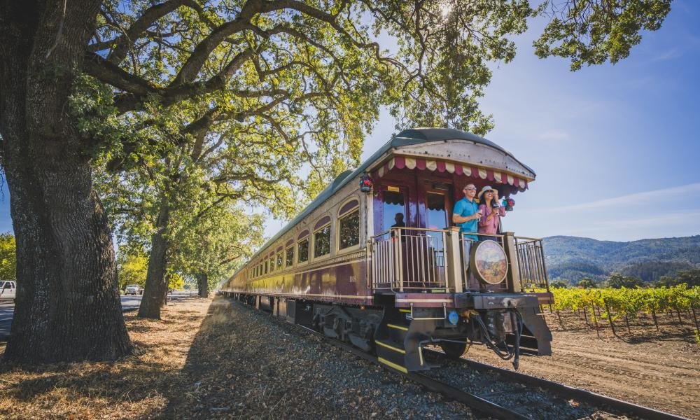 couple on back of wine train