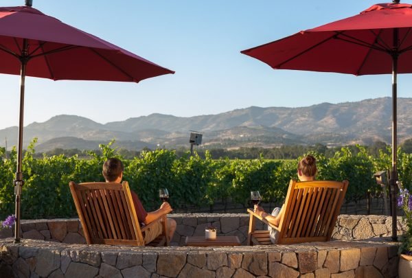 couple relaxing in chairs drinking wine