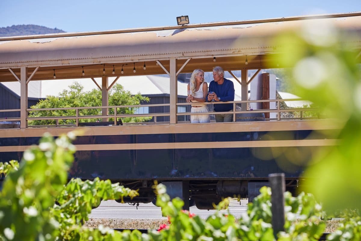 Couple on wine train overlooking vineyard